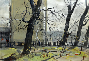 Морозов Александр Иванович (1902-1997). В городке художников на Масловке. Картон, гуашь. 74х106. 1950-1970. Ивановский областной художественный музей.