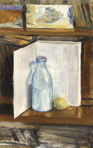 Меньшиков Юрий Анатольевич. Кефир, груша, книга. Картон, масло. 25х16. 1972. Александровский художественно-краеведческий музей.