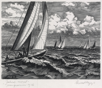 Эско Лепп. Яхты в море. Бумага, ксилография. 33х36,5. 1956. Государственный Владимиро-Суздальский историко-архитектурный и художественный музей-заповедник.
