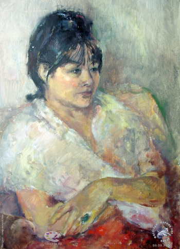 Эвелина Ли. В бабушкиной шали. Картон, масло. 40х30. 1991. Авторское собрание.