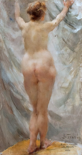 Тихов Виталий Гаврилович. Натурщица стоящая. Холст, масло. 160х85. 1904-1912. Научно-исследовательский музей при Российской Академии художеств.