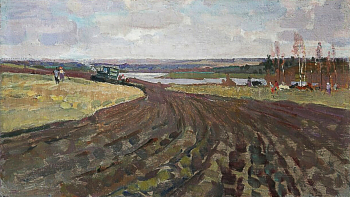 Зайцев Александр Дмитриевич. Весенняя земля. Картон, масло. 27,5х47,5. 1952. Амурский областной краеведческий музей имени Г.С.Новикова-Даурского.