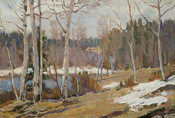 Зайцев Александр Дмитриевич. Весна в Парголово. Картон, масло. 24,5х36. 1947. Амурский областной краеведческий музей имени Г.С.Новикова-Даурского.