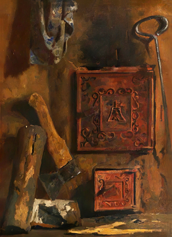 Коржев (Чувелёв) Гелий Михайлович. У печки. Холст, масло. 99х72. 1985. Краснодарский краевой художественный музей имени Ф.А.Коваленко.