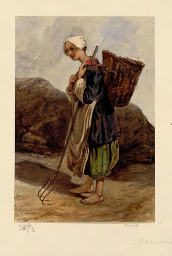 Альфред Марсо (Alfred Marsaud). Девушка с вилами. Бумага, акварель. 26,5х18. 1840-е. Государственный Эрмитаж.