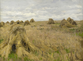Кугач Юрий Петрович. Сжатое поле. Снопы. Холст на оргалите, масло. 36х49. 1954. Тверская областная картинная галерея.
