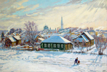 Бондаренко Василий Тарасович. Палех. Январь. Картон, масло. 42х59. 1977. Государственный музей Палехского искусства.