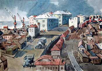 Манткава Гиви Михайлович. Невельск. Бумага, акварель. 50х66. 1969. Сахалинский областной художественный музей.