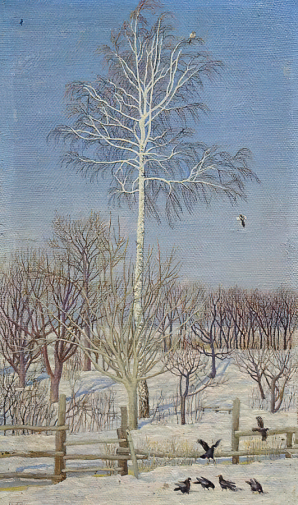 Климентов Михаил Иванович. Весна. Холст на картоне, масло. 28х16,5. 1943. Кораблинский краеведческий музей.