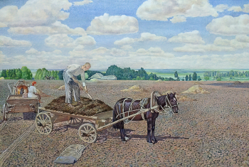 Климентов Михаил Иванович. Удобрение поля. Ватман, акварель. 41х61. 1943. Кораблинский краеведческий музей.