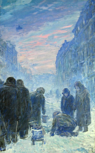 Сидоров Валентин Михайлович. Вода из люка 16, ул. Советская у кинотеатра `Совет`. Картон, темпера. 110х70. 1970-1980. Государственный мемориальный музей обороны и блокады Ленинграда.