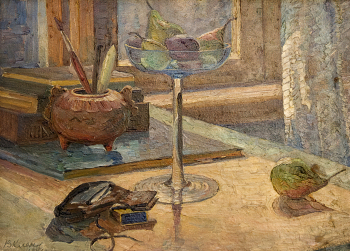 Клёнов Владимир Григорьевич. Натюрморт с кисетом. Картон, масло. 36х46. 1941. Ставропольский краевой музей изобразительных искусств.