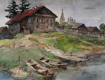 Шамаев Виктор Иванович. Солигалич. У реки Костромы. Бумага, акварель. 60х80. 1977. Государственный Владимиро-Суздальский историко-архитектурный и художественный музей-заповедник.