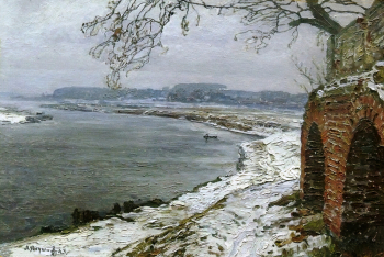 Януш Леонид Борисович. Берег реки Костромы. Картон, масло. 36,7х53. 1943. Костромской государственный историко-архитектурный и художественный музей-заповедник.