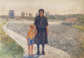 Климентов Михаил Иванович. Бабушка и внучка. Бумага, акварель.  21х30,6. 1938. Собрание семьи художника.