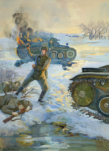 Маризе Мария Алексеевна. Подвиг Героя Советского Союза Яна Вилхелмса. Бумага, гуашь. 72х52. 1942. Центральный музей Вооруженных Сил Российской Федерации.
