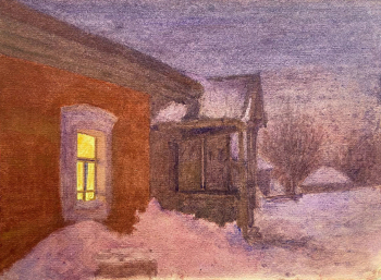 Климентов Михаил Иванович. Родной дом художника в деревне Алтухово зимой. Бумага, акварель. 20х26,8. 1930-е. Собрание семьи художника.
