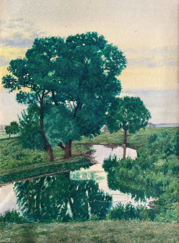 Климентов Михаил Иванович. Пруд под бугром. Бумага, акварель. 22х16. 1955. Собрание семьи художника.
