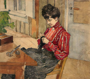 Киселёва Елена Андреевна. За шитьём. Бумага, карандаш, акварель. 33,5х40,1. 1890-1910. Государственный музей-заповедник Петергоф.