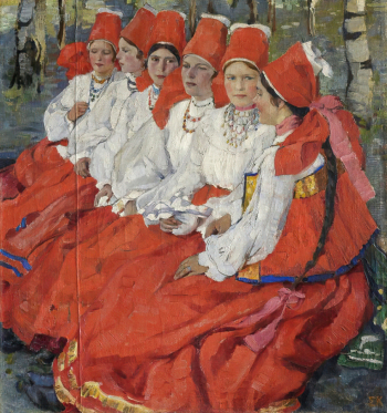 Киселёва Елена Андреевна. Невесты. Троицын день. Холст, масло. 141х132. 1907. Научно-исследовательский музей при Российской Академии художеств.