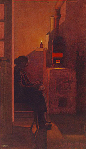 Климентов Михаил Иванович. У печурки. Бумага, акварель, белила. 29х17. 1952. Собрание семьи художника.