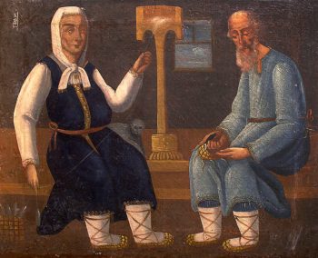 Неизвестный художник. Пряха и старик с лаптями. Холст, масло. 31х38. 19 век. Художественно-педагогический музей игрушки имени Н.Д.Бартрама.