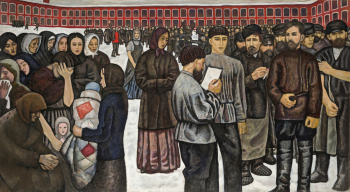 Мызников Геннадий Сергеевич. Стачка. Холст, темпера. 160х280. 1960-1964. Государственная Третьяковская галерея.