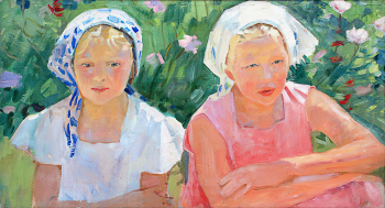 Мызников Геннадий Сергеевич. Таня и Маня. Холст, масло. 59х105. 1959. Ростовский областной музей изобразительных искусств.