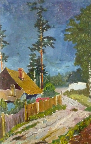 Лосевской Николай Сергеевич. Улочка Теберды. Картон, масло. 34х22. 1971. Городской музей истории города Батайска.