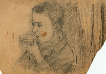 Маркичев Иван Васильевич. Мальчик с чашкой. Бумага, карандаш. 12,3х17,8. Первая половина 20 века. Государственный музей Палехского искусства.