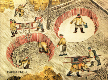 Иноземцев Борис Иванович. Засол рыбы. За рыбой. Бумага, печать. 1930. Частное собрание.