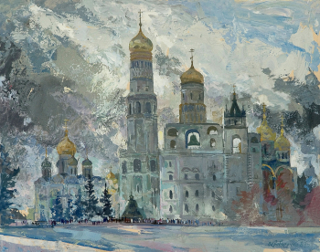 Криворучко Василий Павлович. Ветры свежие над Москвой. Колокольня Ивана Великого. Картон, темпера. 55х70. 1984. Тамбовская областная картинная галерея.