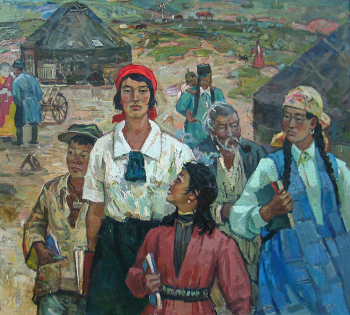 Рокчинский Гарри Олегович. Культштурм. Культармейка Цаган. Картон, масло. 90х100. 1967. Национальный музей Республики Калмыкия имени Н.Н.Пальмова.