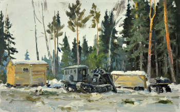 Мухин Пётр Степанович. На лесосеке. Этюд. Картон, масло. 33х47,8. 20 век. Городской музей `Искусство Омска`.