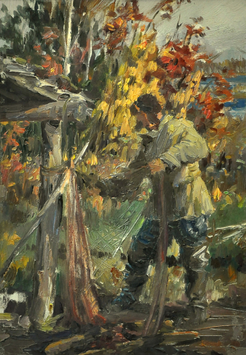 Мухин Пётр Степанович. Оправка сетей. Картон, масло. 34,5х24. 1982. Городской музей `Искусство Омска`.