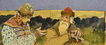 Мясоедов Пётр Евгеньевич. Разговор. Бумага, акварель, карандаш. 7,2х18,8. Конец 19 или начало 20 века. Государственный музей изобразительных искусств Республики Татарстан.