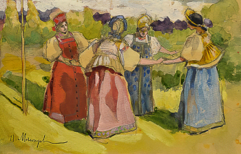 Мясоедов Пётр Евгеньевич. Хоровод. Бумага, акварель, карандаш. 12х18,5. Конец 19 или начало 20 века. Государственный музей изобразительных искусств Республики Татарстан.