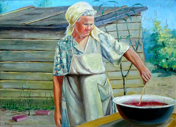 Краснокутский Михаил Данилович. Вкусное варенье (портрет матери). ДВП, масло. 45х59. 1970. Азовский историко-археологический и палеонтологический музей-заповедник имени А.А.Горбенко.