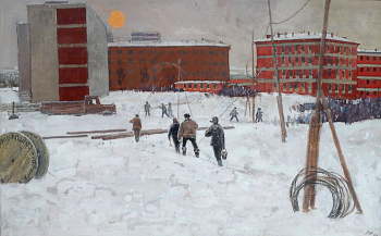 Шепелев Лев Викторович. В Черёмушках. Бумага, темпера, гуашь. 47,5х75. 20 век. Павловский историко-художественный музей имени Г.Ф.Борунова.