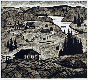Авдышев Алексей Иванович. Карельский мотив. Бумага, линогравюра. 47,2х52,1. 1981. Музей изобразительных искусств Республики Карелия.