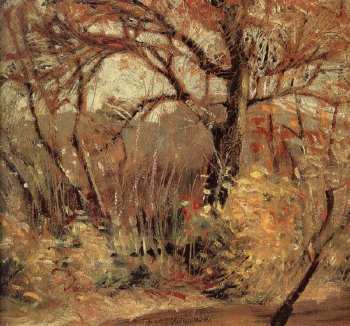 Грант Деволсон Вуд. Осенний пейзаж. ДВП, масло. 33,5х38. 1919. Частное собрание.
