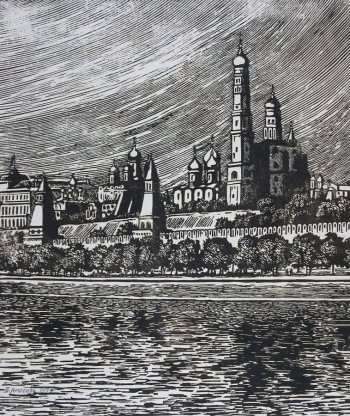 Амосова-Бунак Ольга Фёдоровна. Московский Кремль. Бумага, линогравюра. 35х30,5. 1959. Историко-этнографический музей-заповедник Шушенское.