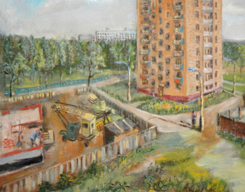 Захаров К.А. Строящиеся дома Ивантеевки. Оргалит, масло. 42,5х56. 1981. Ивантеевский историко-краеведческий музей.