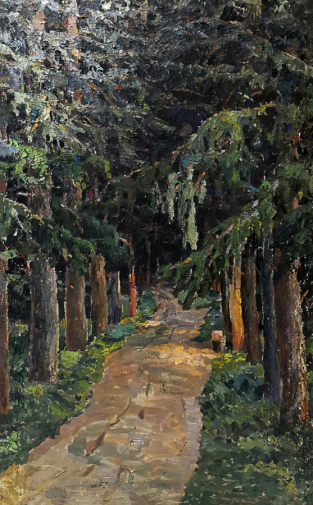 Фёдоров Василий Фёдорович. Михайловское. Еловая аллея. Холст, масло. 70х42. 1929. Государственный мемориальный историко-литературный и природно-ландшафтный музей-заповедник А.С.Пушкина `Михайловское`.