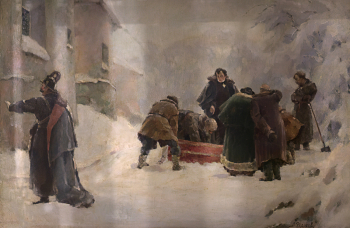 Фёдоров Василий Фёдорович. Похороны Пушкина. Холст, масло. 210х150. 1938. Государственный мемориальный историко-литературный и природно-ландшафтный музей-заповедник А.С.Пушкина `Михайловское`.
