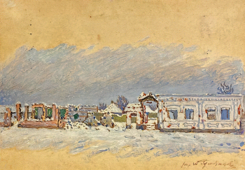 Румянцев Арсений Тимофеевич. Здание райфо и сберкассы (ст. Архонская), пострадавшие от бомбежки. Бумага, масло. 32х22. 1943. Национальный музей Республики Северная Осетия-Алания.