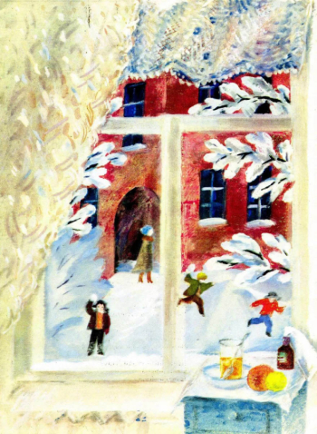 Басманова Марианна Павловна. Дети играют во дворе. Иллюстрация. 20 век. Местонахождение работы неизвестно.