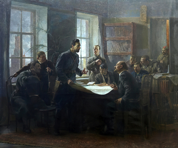 Семёнов Арсений Никифорович. Н.А.Щорс на приёме у В.И.Ленина. Холст, масло. 227х263. 1940. Государственный музей политической истории России.