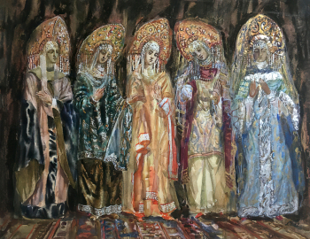 Попова Лидия Владимировна. Эскиз женских костюмов. Опера `Царская невеста`. Бумага, карандаш, акварель, гуашь. 49,7х64,4. 1941. Государственный центральный театральный музей имени А.А.Бахрушина.