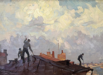 Чехов Сергей Сергеевич. Покраска крыши. Холст, масло. 50х59. 1950-е. Государственный литературно-мемориальный музей-заповедник А.П.Чехова `Мелихово`.